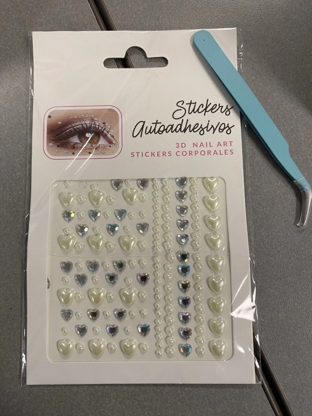 3D Face Hair Nail Art Stickers - Pearl Heart & Crystal Accents